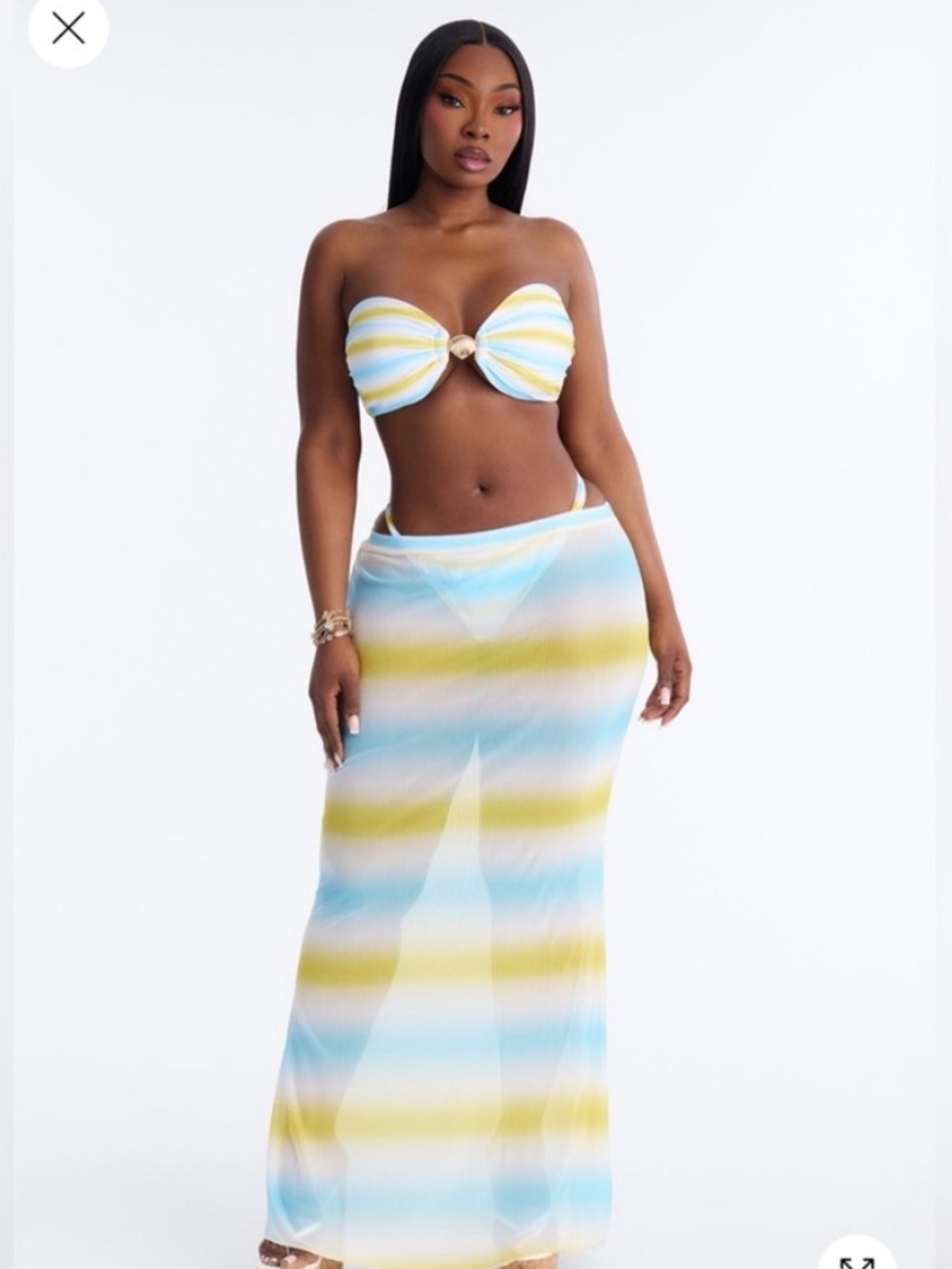 🔥3 pièces  Striped Bandeau Bikini Set with Sheer Maxi Cover-Up — Blue & Yello